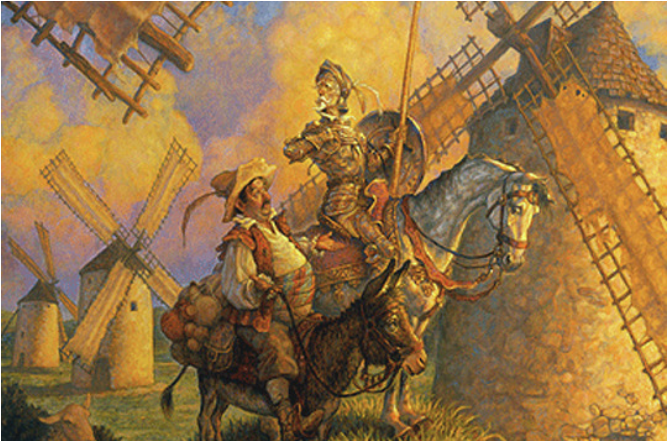 Don Quixote dazzeled by windmills